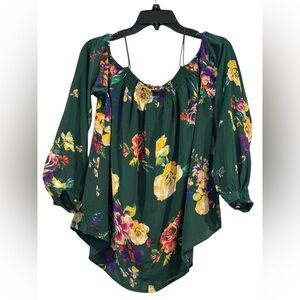 Women’s Maeve Anthropologie Silk Green Floral Open Shoulder Top: XS